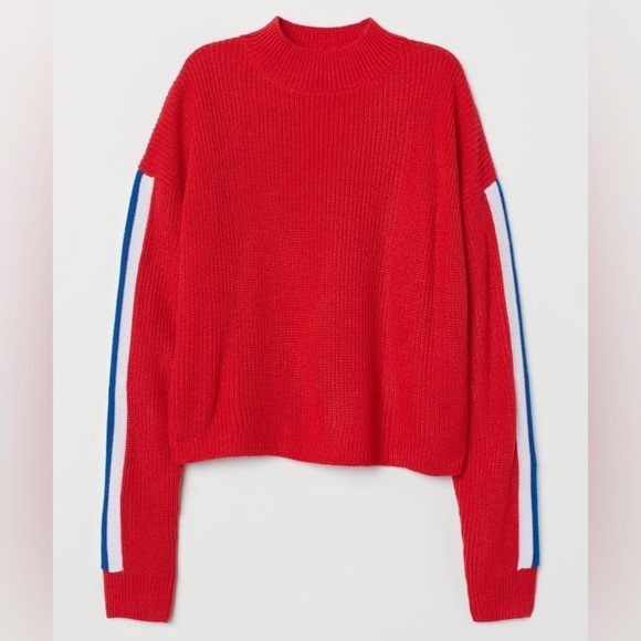H&M Divided Bright Red Crop Turtleneck Sweater with Blue/White Sleeves - Size XS - Picture 1 of 9